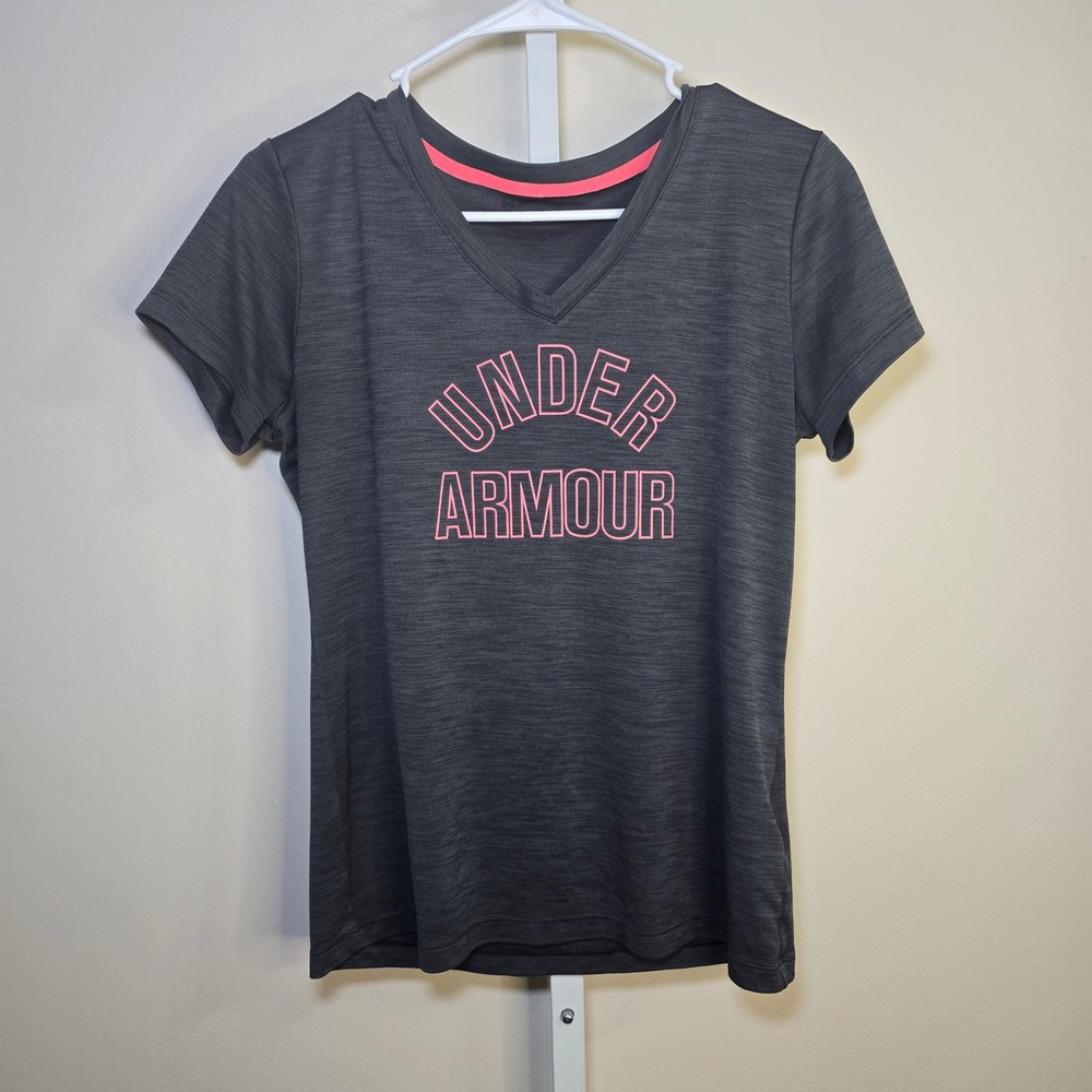 Under Armour Womens V-Neck HeatGear Graphic T-Shirt Gray Pink Logo SM/P/CH